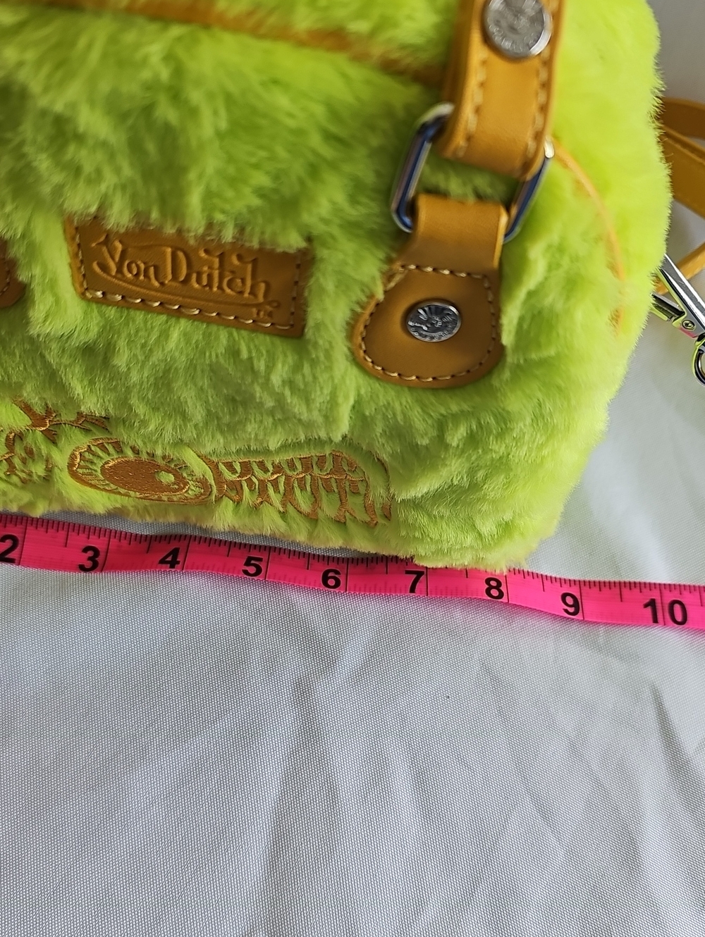 Von Dutch Neon Yellow/green Faux Fur Mini Tote with Golden Yellow Trim - Picture 6 of 12